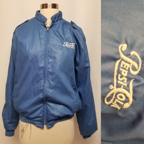 Vintage 80s Retro Pepsi Cola Blue Polyblend Satin Varsity Bomber Jacket Medium - Picture 1 of 8